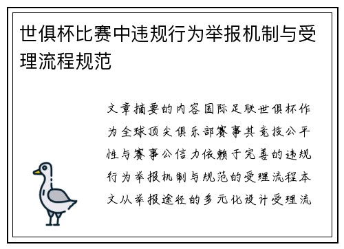 世俱杯比赛中违规行为举报机制与受理流程规范
