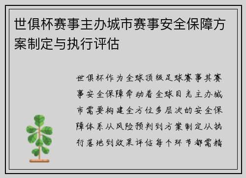 世俱杯赛事主办城市赛事安全保障方案制定与执行评估