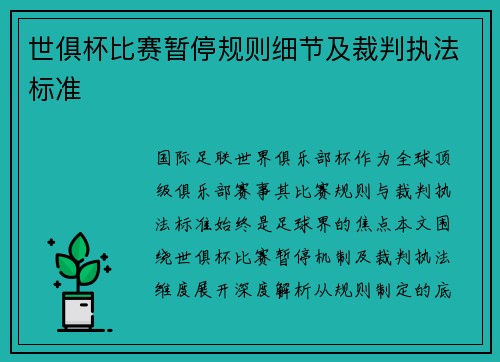 世俱杯比赛暂停规则细节及裁判执法标准