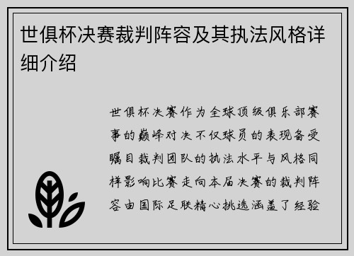 世俱杯决赛裁判阵容及其执法风格详细介绍